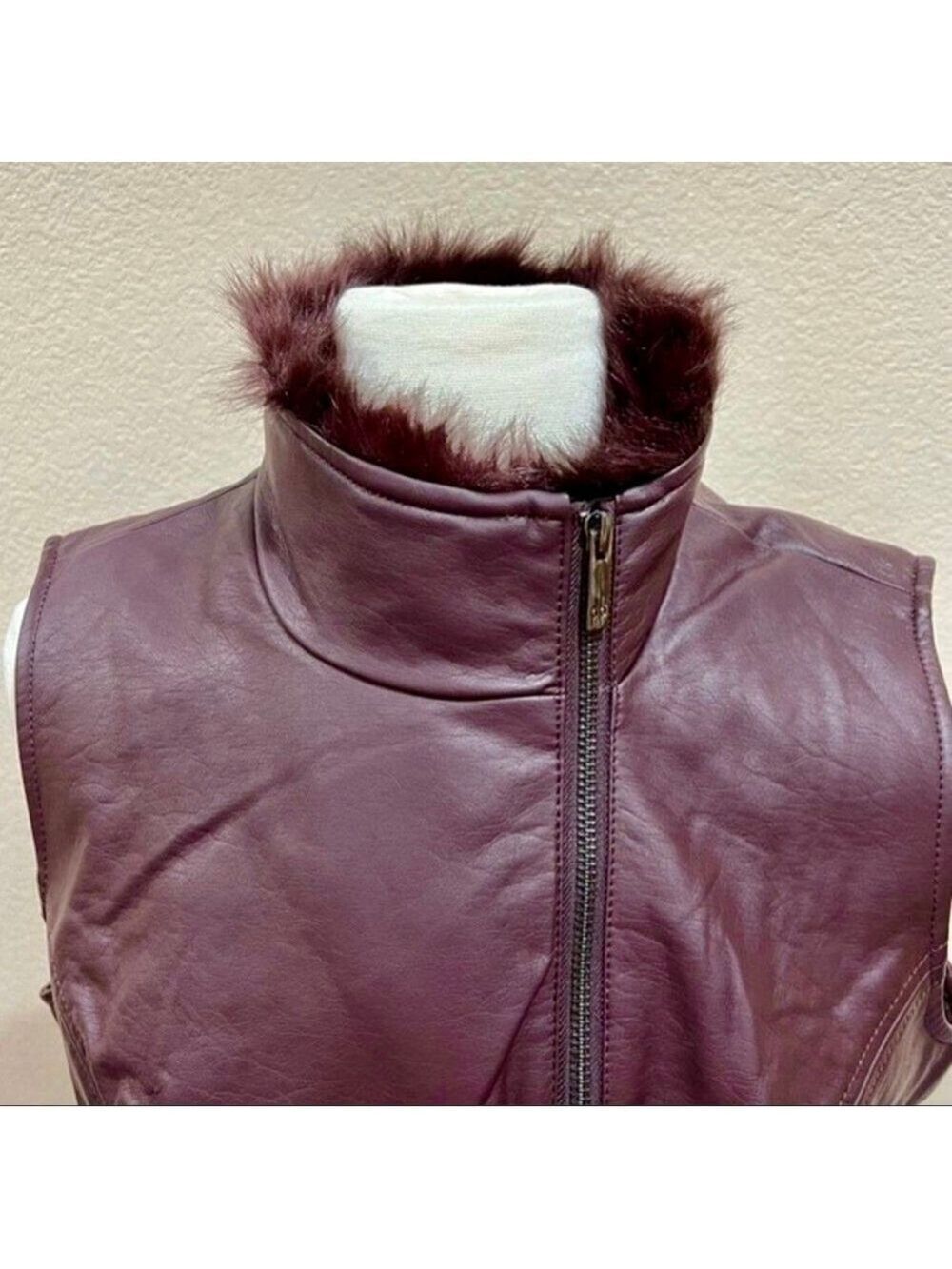 Dennis Basso Merlot Faux Leather Moto Vest Faux Fur Collar S - Picture 4 of 14
